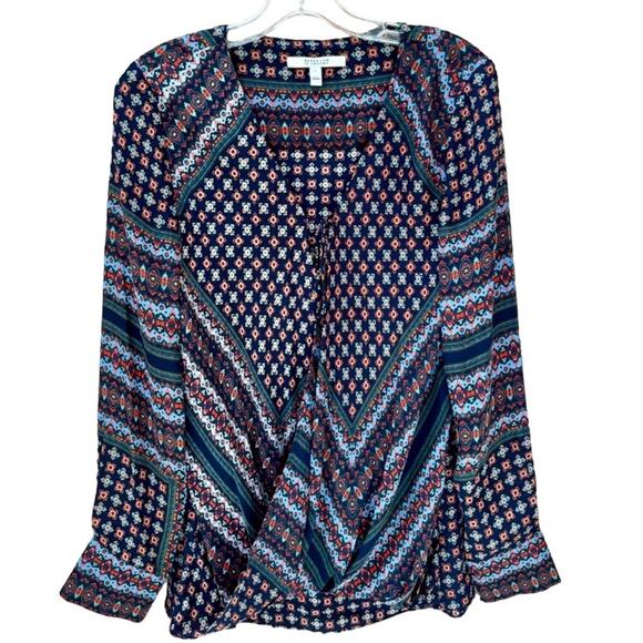 Derek Lam 10 Crosby Navy Geometric Print Draped Front Blouse 100% Silk Sz 8 - Picture 1 of 9